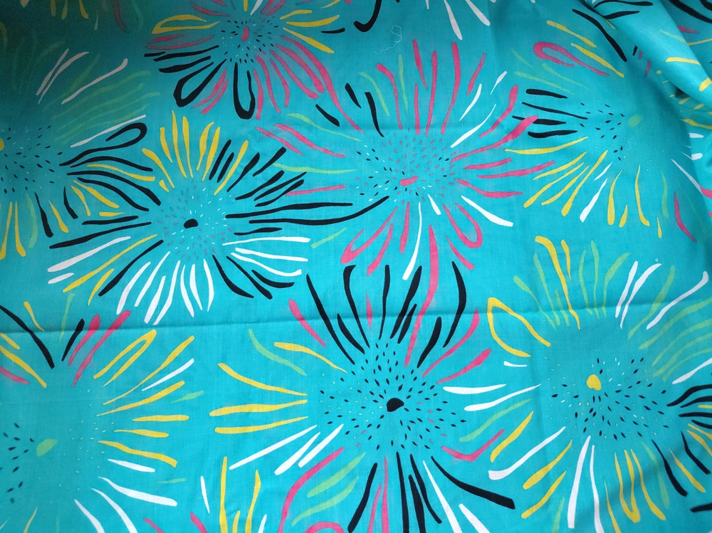 Fabric True Vintage 1980s Retro Teal Hippie Floral Cotton 4 Yards Crafts Decor